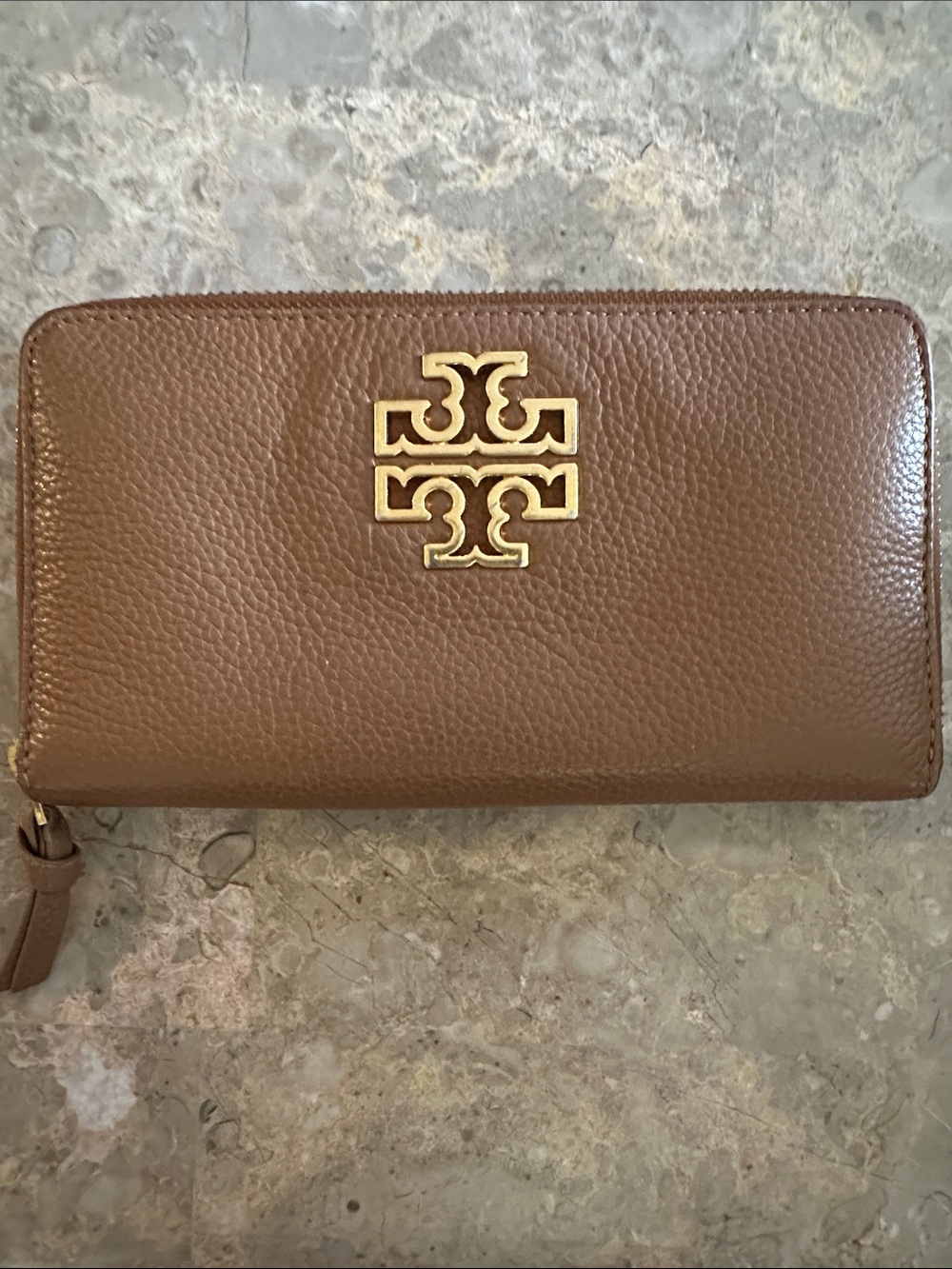 Tory Burch Brown Leather Zip Wallet with Gold Logo